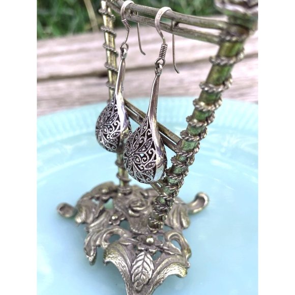 Vintage 925 Sliver Marcasite Tear Drop Dangle Earrings - Picture 6 of 14